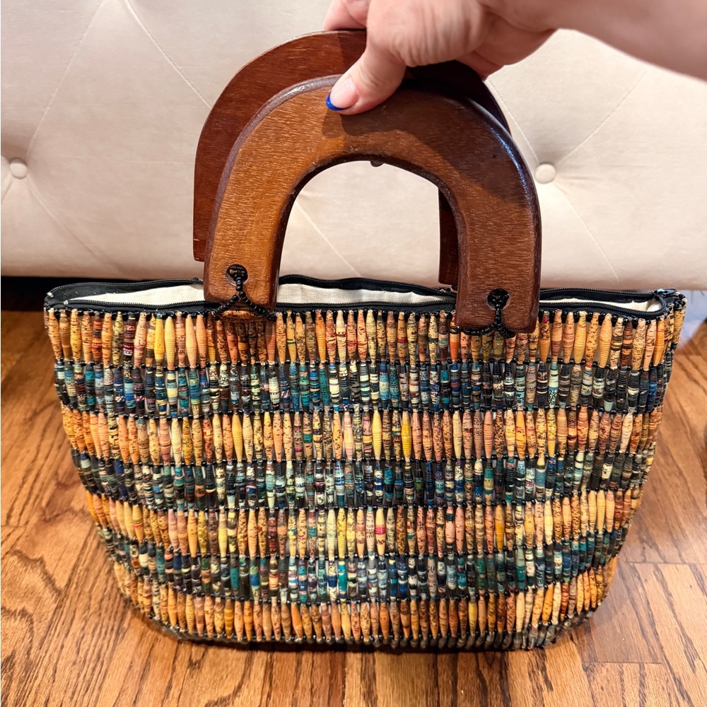 Handwoven Multicolor Beaded Tote with Wooden Handles